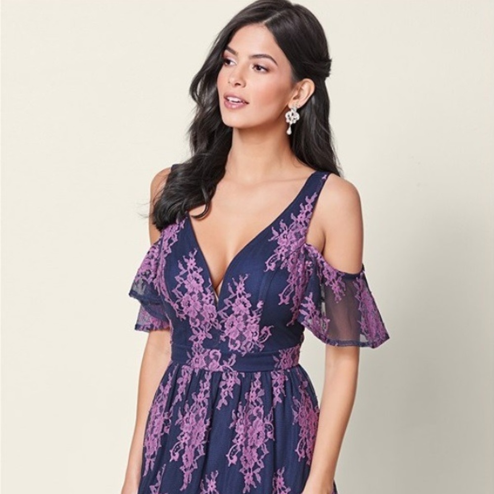 Navy and Lavender cold shoulder venus lace dress